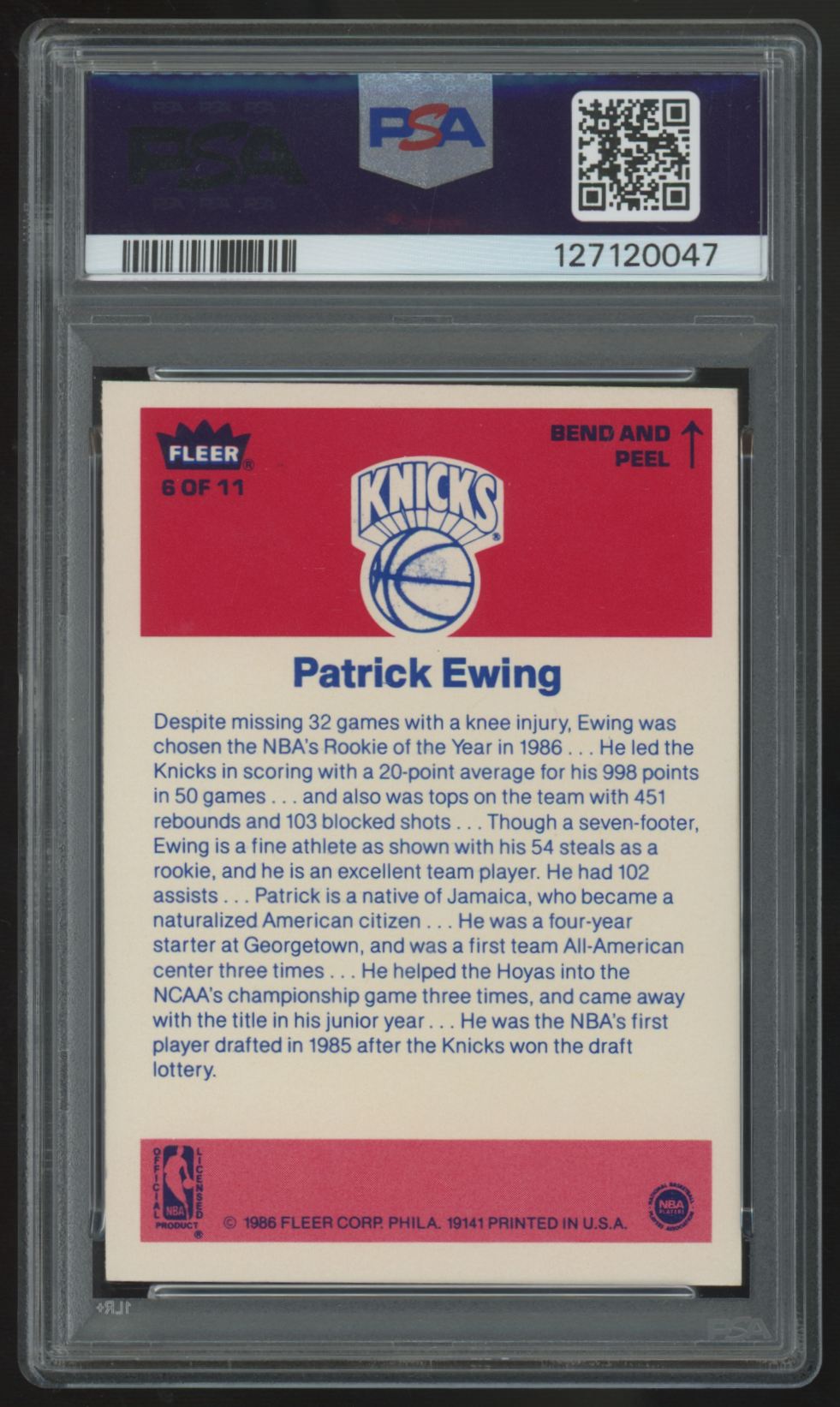 1986-97 Fleer Sticker Patrick Ewing RC Signed Auto #6 PSA Authentic Auto 10