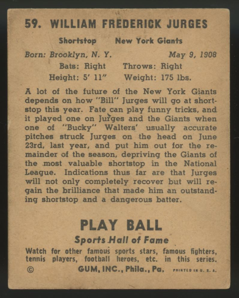 1941 Play Ball Bill Jurges #59 VG