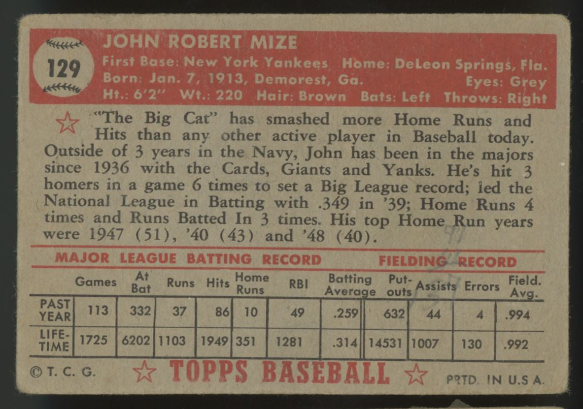 1952 Topps Johnny Mize #129 Poor (Creases)