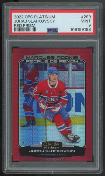 2022-23 OPC Platinum Juraj Slafkovsky RC Marquee Red Prism /199 #299 PSA 9