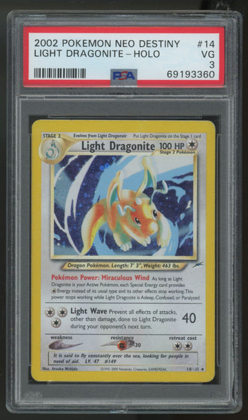 2002 Pokemon Light Dragonite Neo Destiny Holo #14 PSA 3
