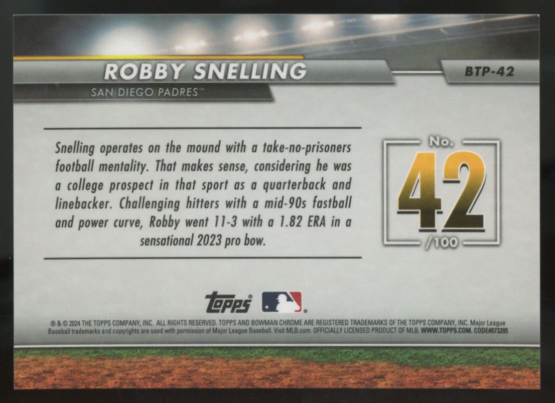 2024 Bowman Chrome Robby Snelling Scout's Top 100 Red Refractor /5 #BTP-42