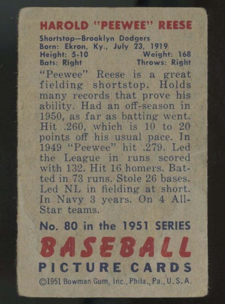 1951 Bowman Harold "Peewee" Reese #80 Poor "A"