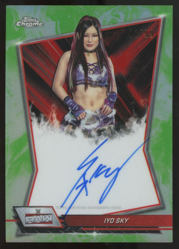 2026 Topps Chrome WWE Iyo Sky Raw Red Brand Green Refractor Auto /99 #RBA-IYO