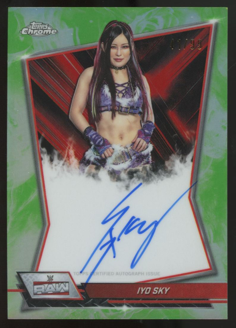 2026 Topps Chrome WWE Iyo Sky Raw Red Brand Green Refractor Auto /99 #RBA-IYO
