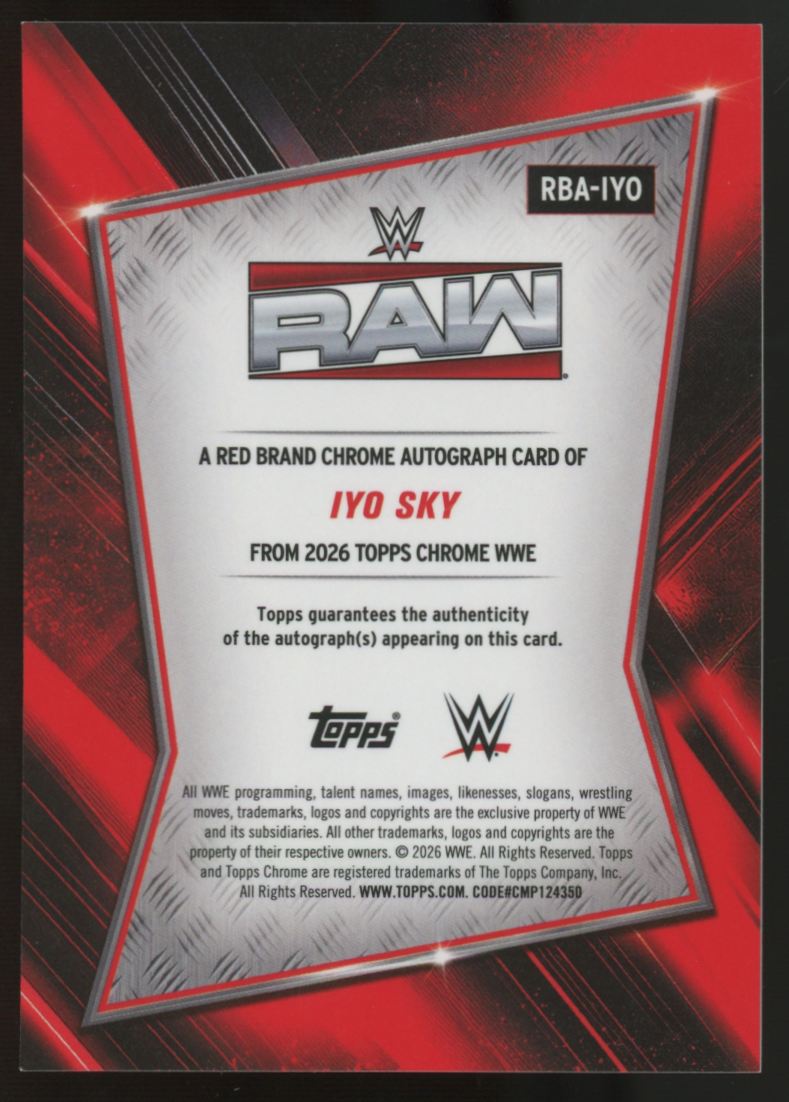 2026 Topps Chrome WWE Iyo Sky Raw Red Brand Green Refractor Auto /99 #RBA-IYO