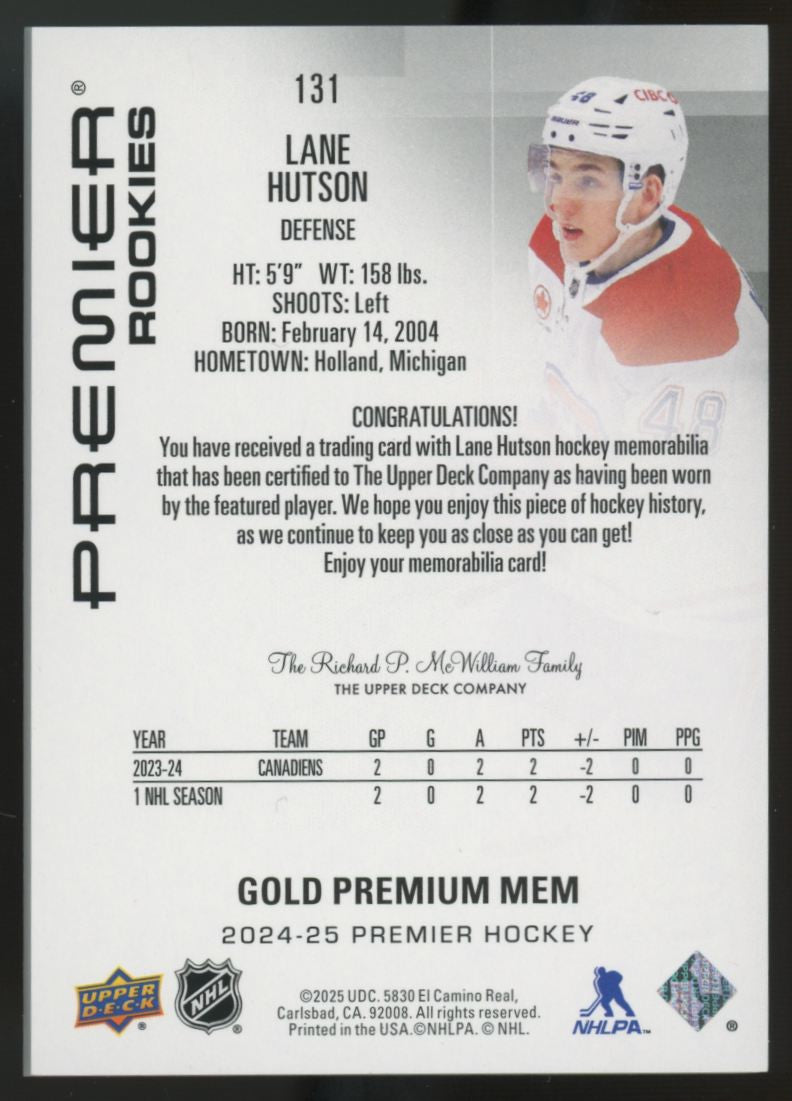 2024-25 Upper Deck Premier Lane Hutson RC Gold Patch /49 #131