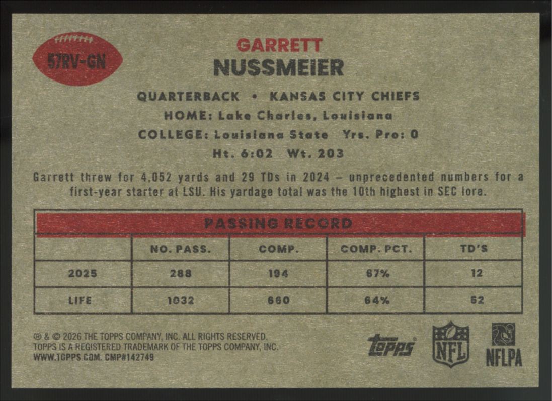 2026 Topps Flagship Garrett Nussmeier RC 1957 Variation #57RV-GN