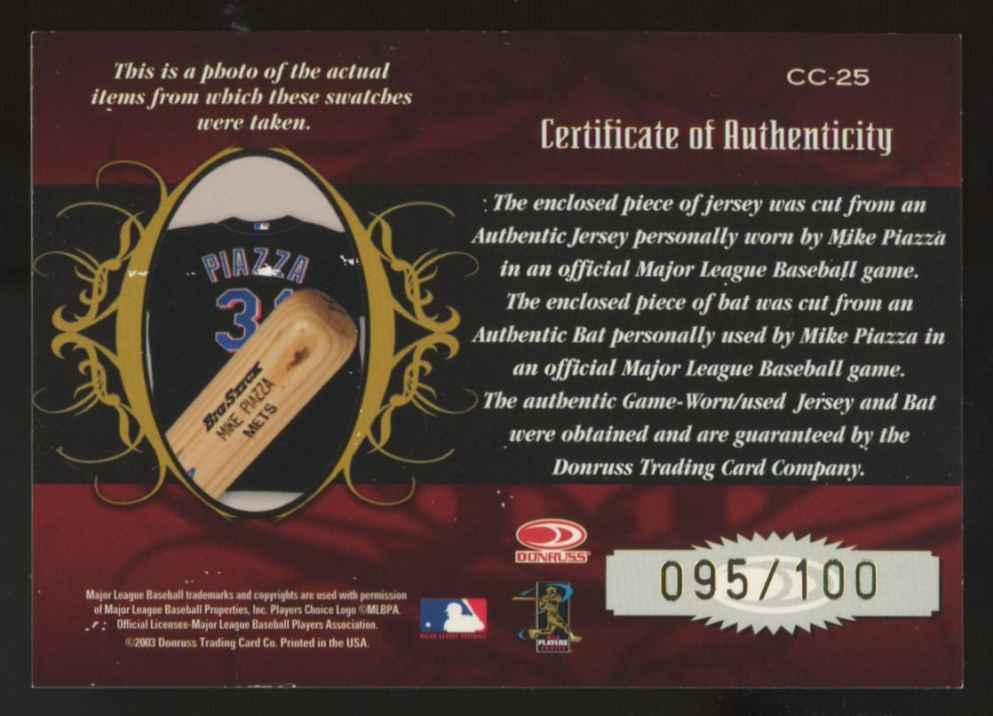 2003 Timeless Treasures Mike Piazza Classic Combo Dual Patch /100 #CC-25