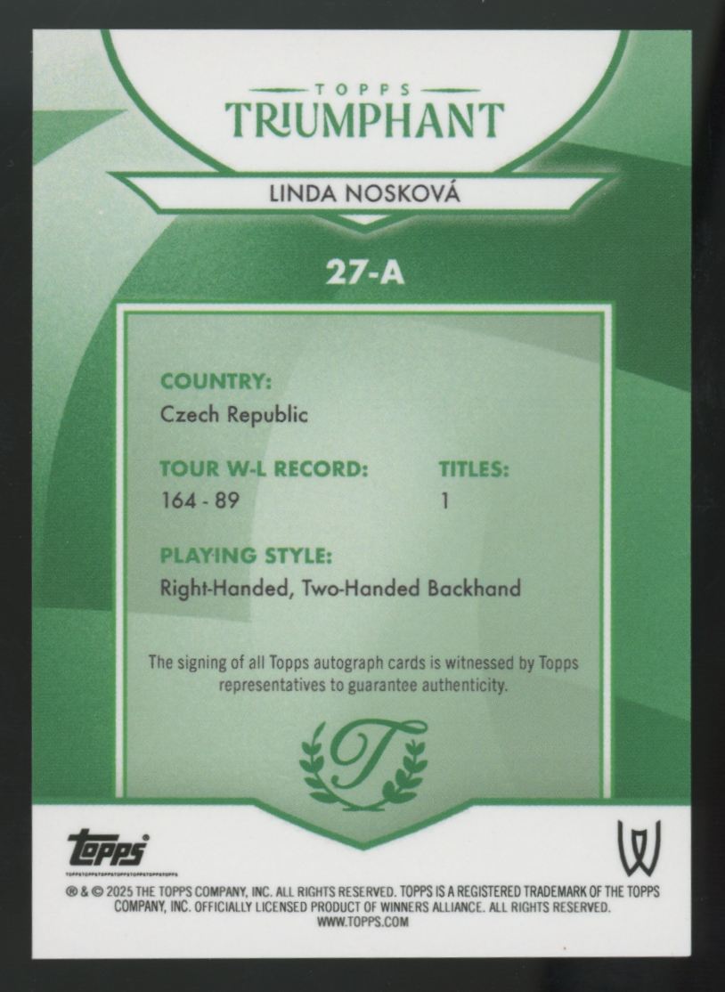 2025 Topps Triumphant Linda Noskova RC Auto /99 #27-A "B"