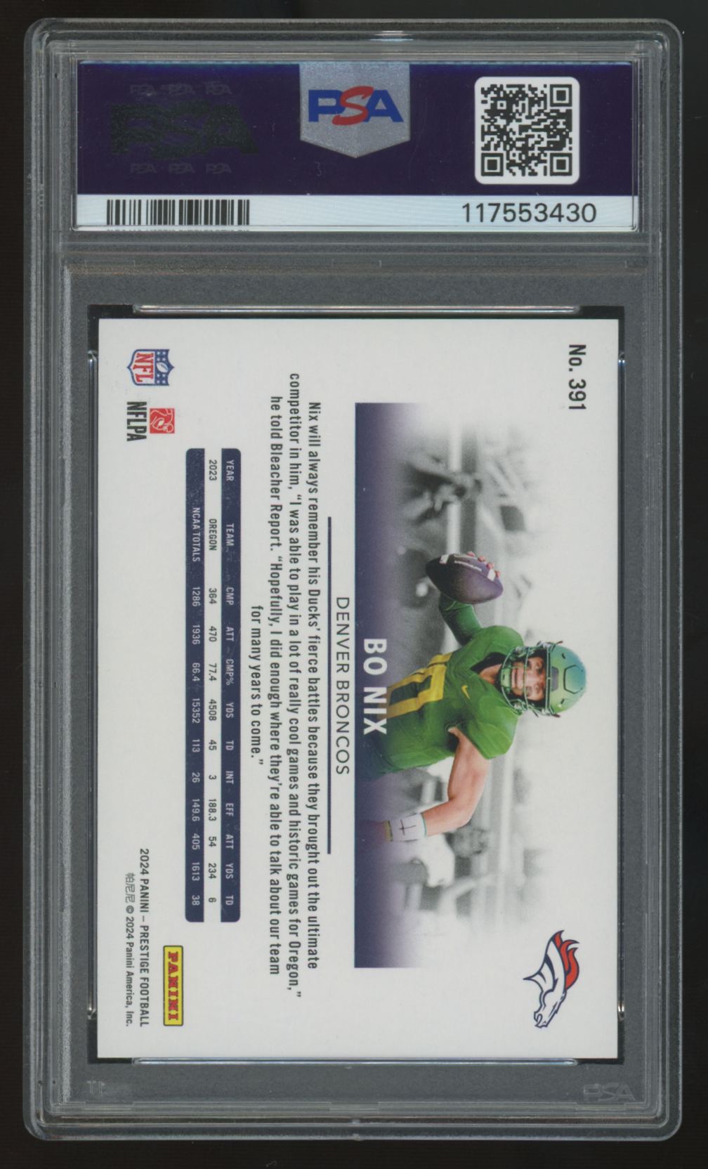 2024 Prestige Bo Nix RC Blue Premium Xtra Points /25 #391 PSA 9