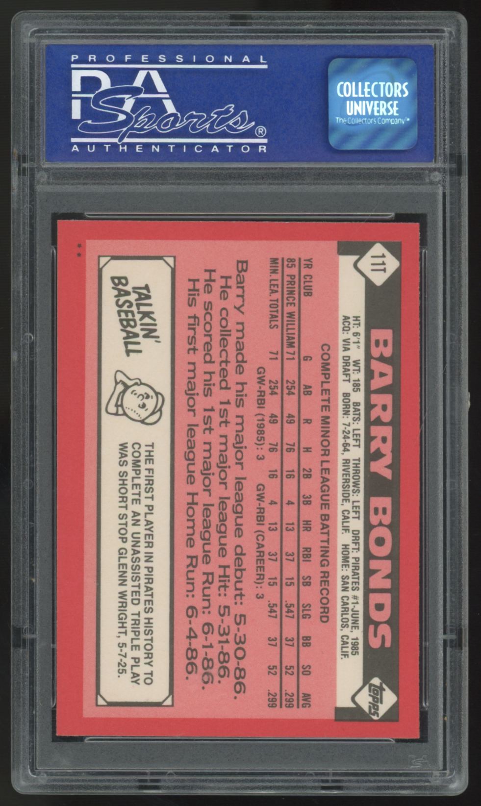 1986 Topps Traded Barry Bonds RC #11T PSA 9 *872