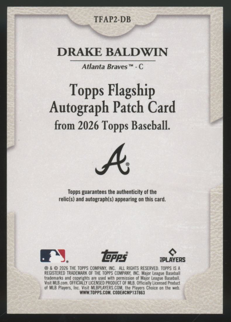 2026 Topps Series One Drake Baldwin Flagship Patch Auto Bronze /25 #TFAP2-DB