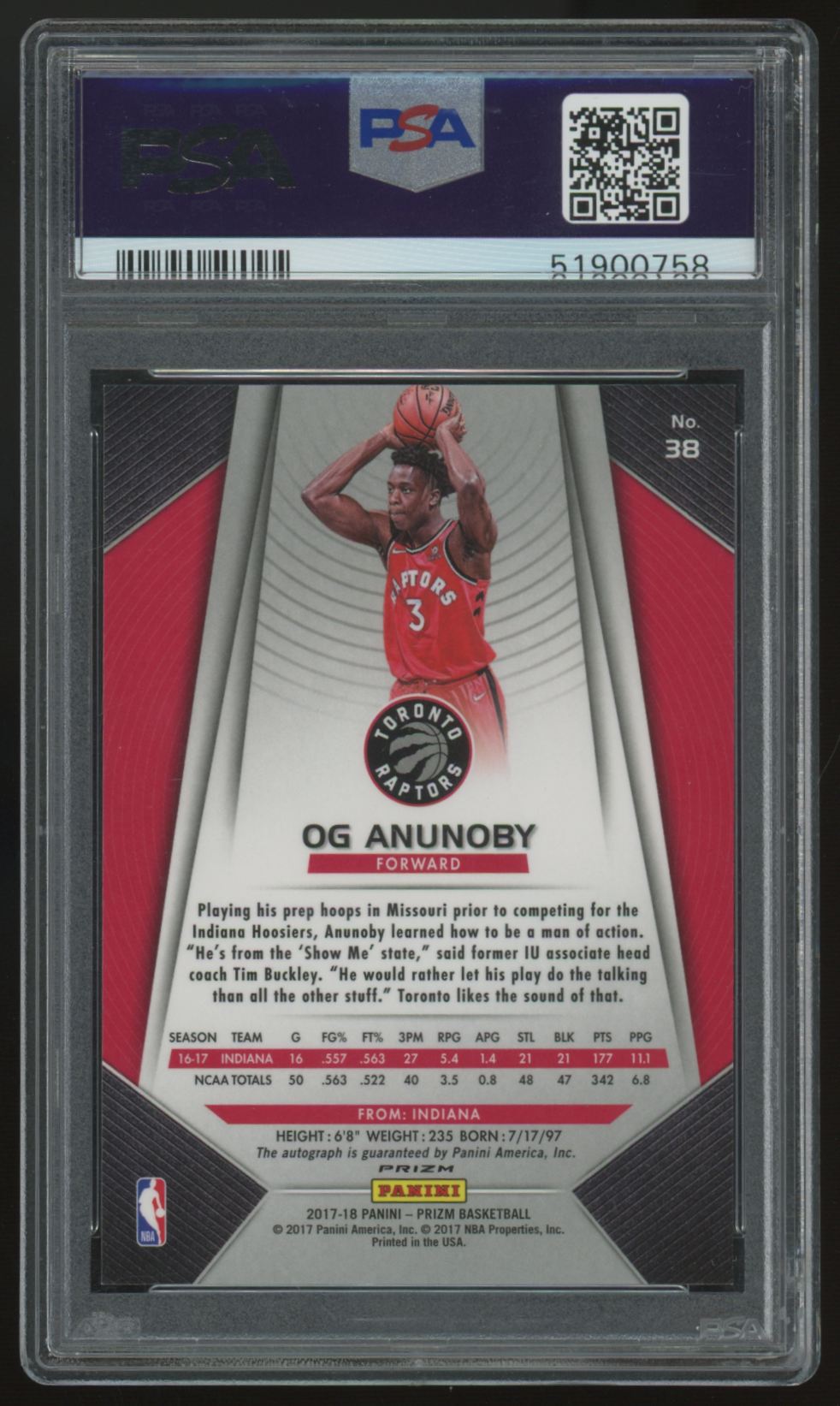 2017-18 Panini Prizm OG Anunoby RC Silver Auto #38 PSA 10