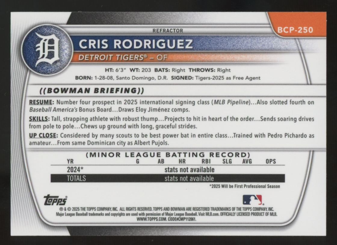 2025 Bowman Chrome Cris Rodriguez 1st Prospect Refractor /499 #BCP-250