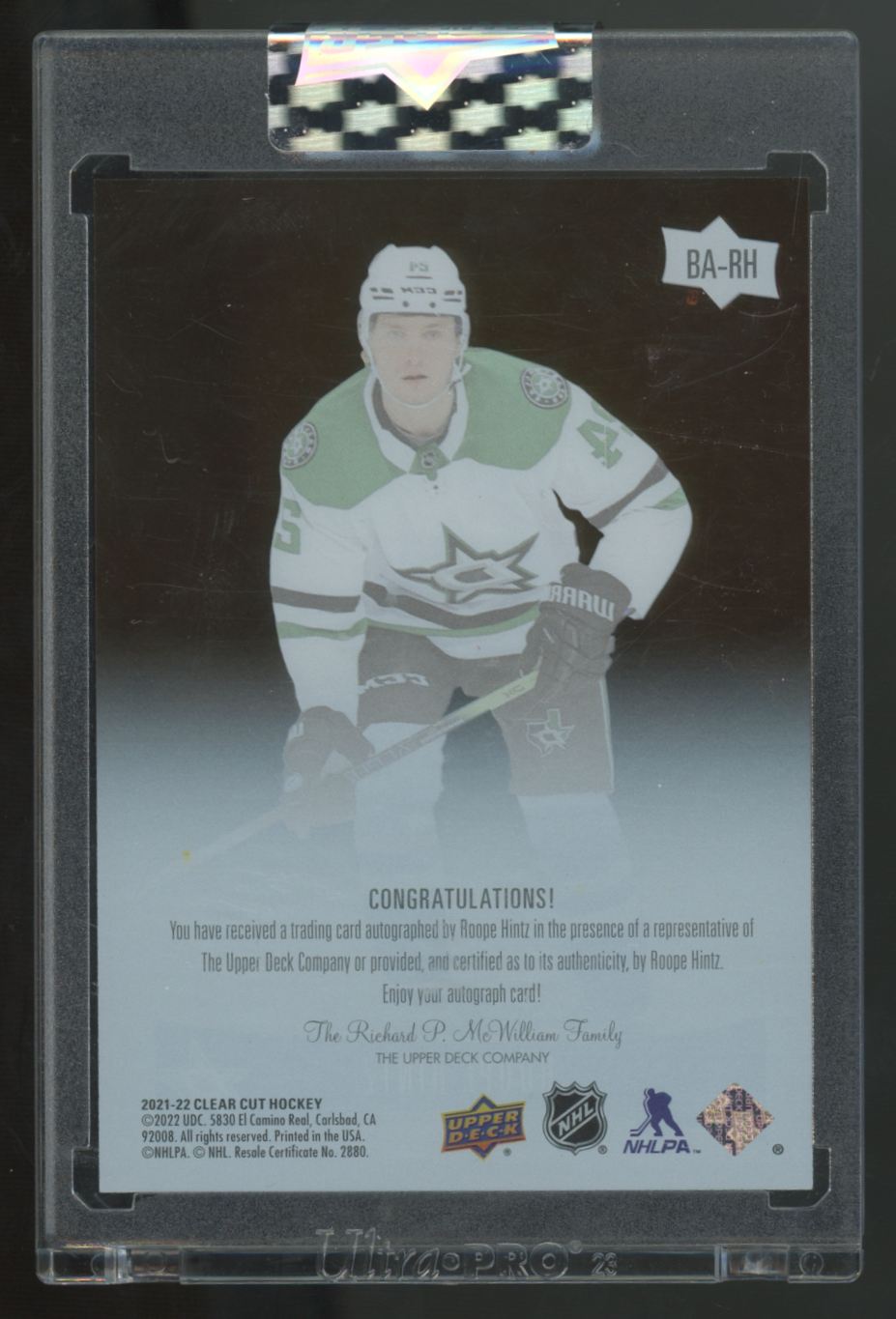2021-22 Upper Deck Clear Cut Roope Hintz Black Amber Auto #BA-RH