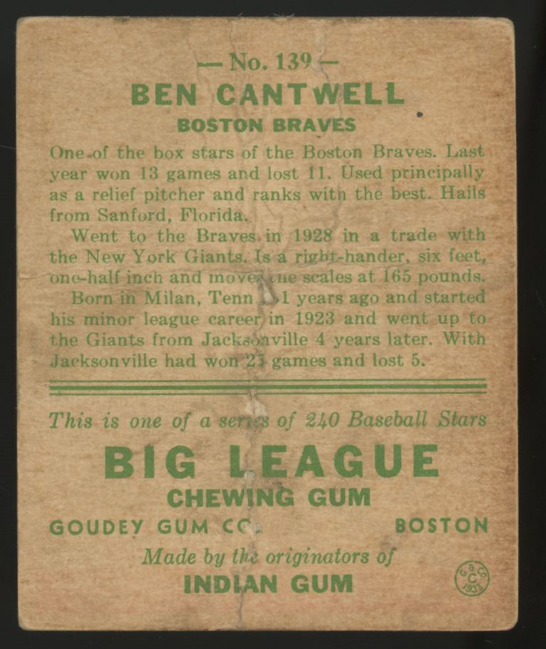 1933 Goudey Ben Cantwell #139 Poor