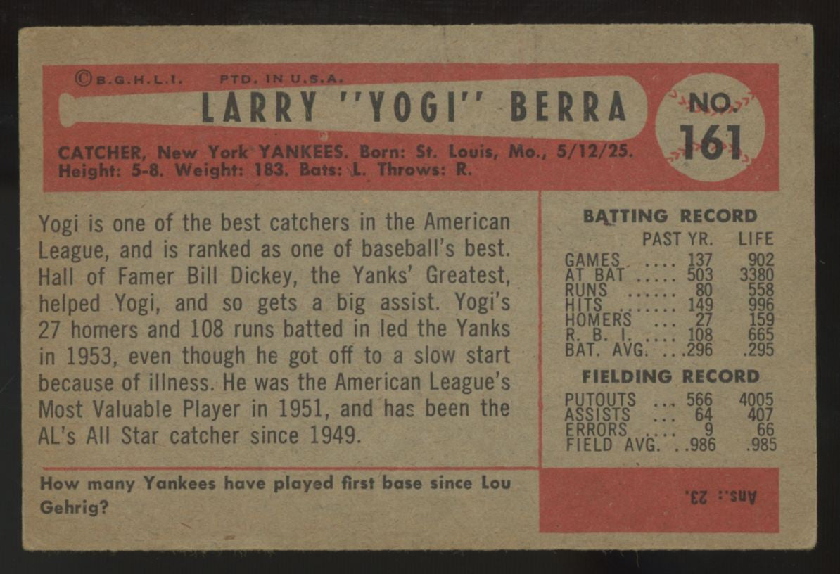 1954 Bowman Yogi Berra #161 G/VG (Crease)