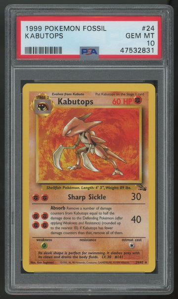 1999 Pokemon Kabutops Fossil Unlimited #24 PSA 10