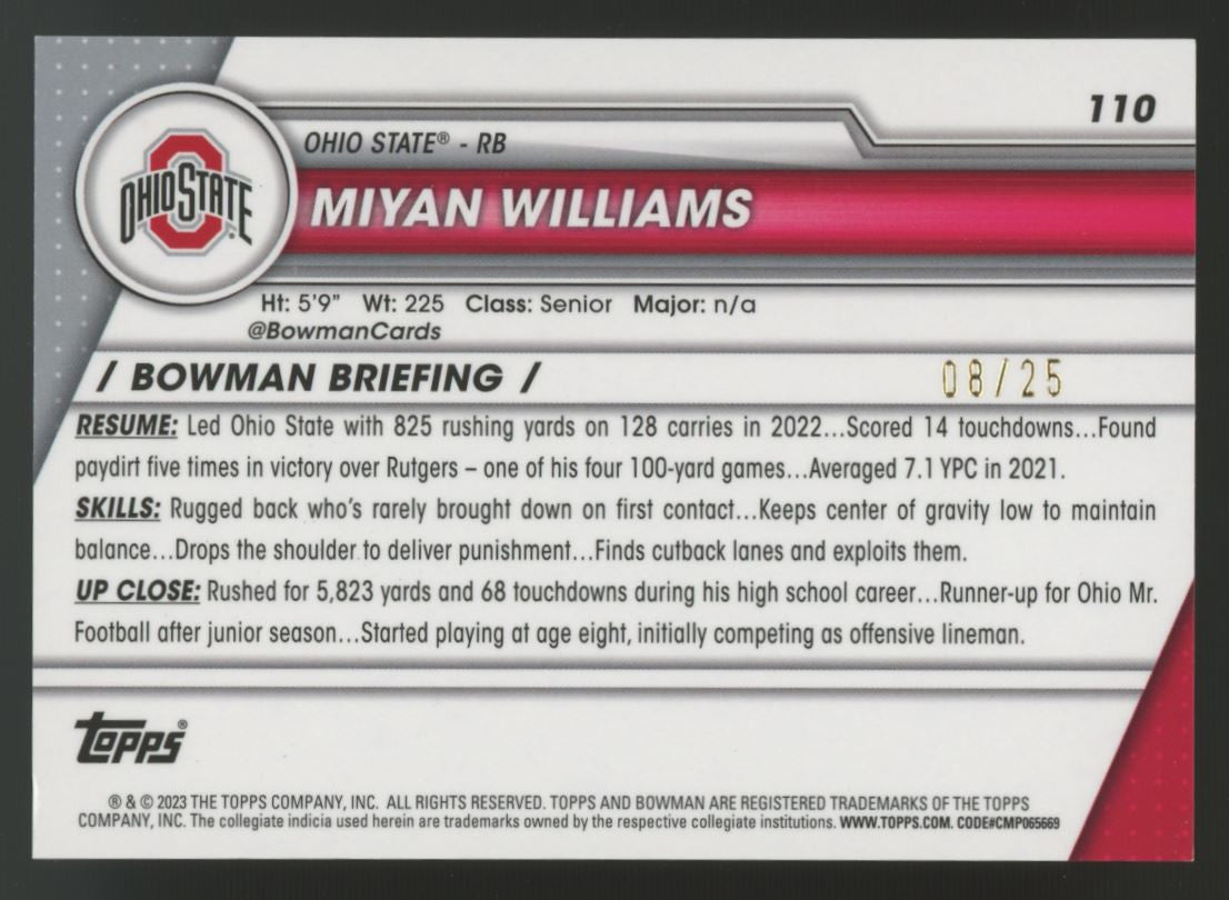 2023 Bowman University Chrome Miyan Williams 1st Orange Flash /25 #110