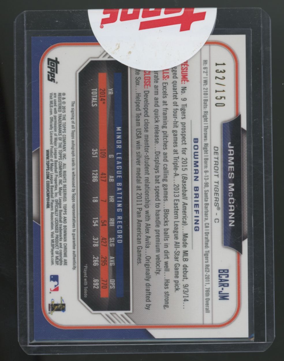 2015 Bowman Chrome James McCann RC Blue Refractor Inscribed Auto /150 #BCAR-JM