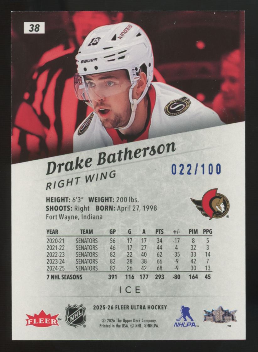 2025-26 Fleer Ultra Drake Batherson Ice /100 #38