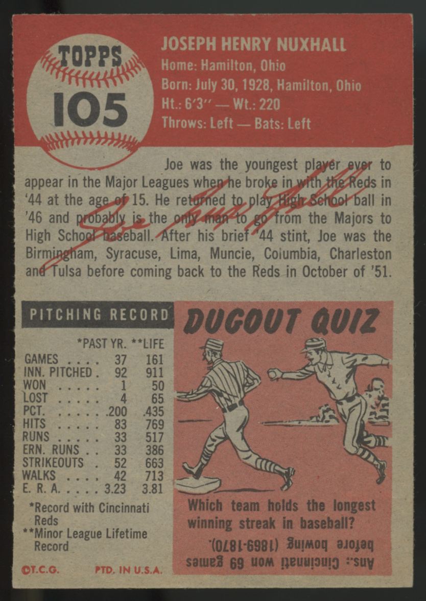 1953 Topps Joe Nuxhall #105 EX/MT "A"
