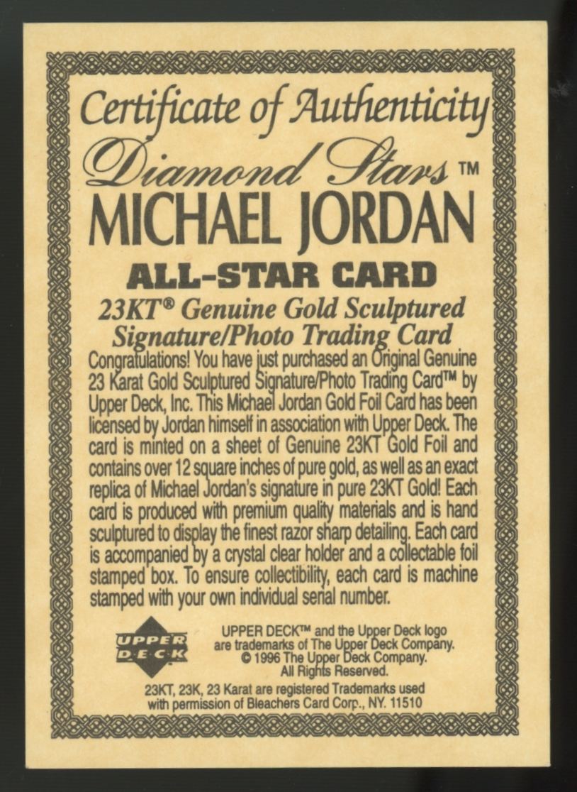 1995-96 Upper Deck Michael Jordan 23KT Gold Diamond Stars With COA