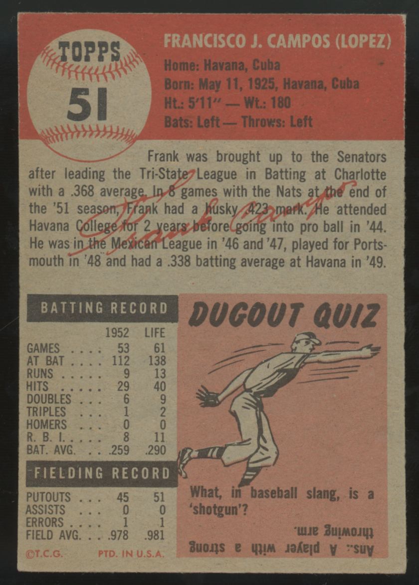 1953 Topps Frank Campos #51 EX "A"