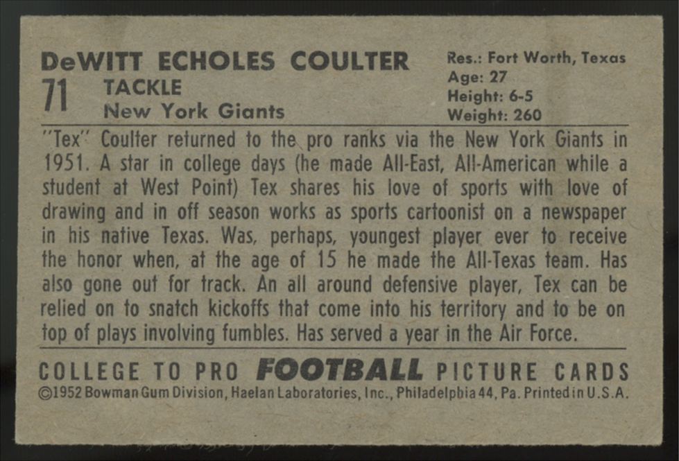 1952 Bowman Small DeWitt "Tex" Coulter #71 EX-MT