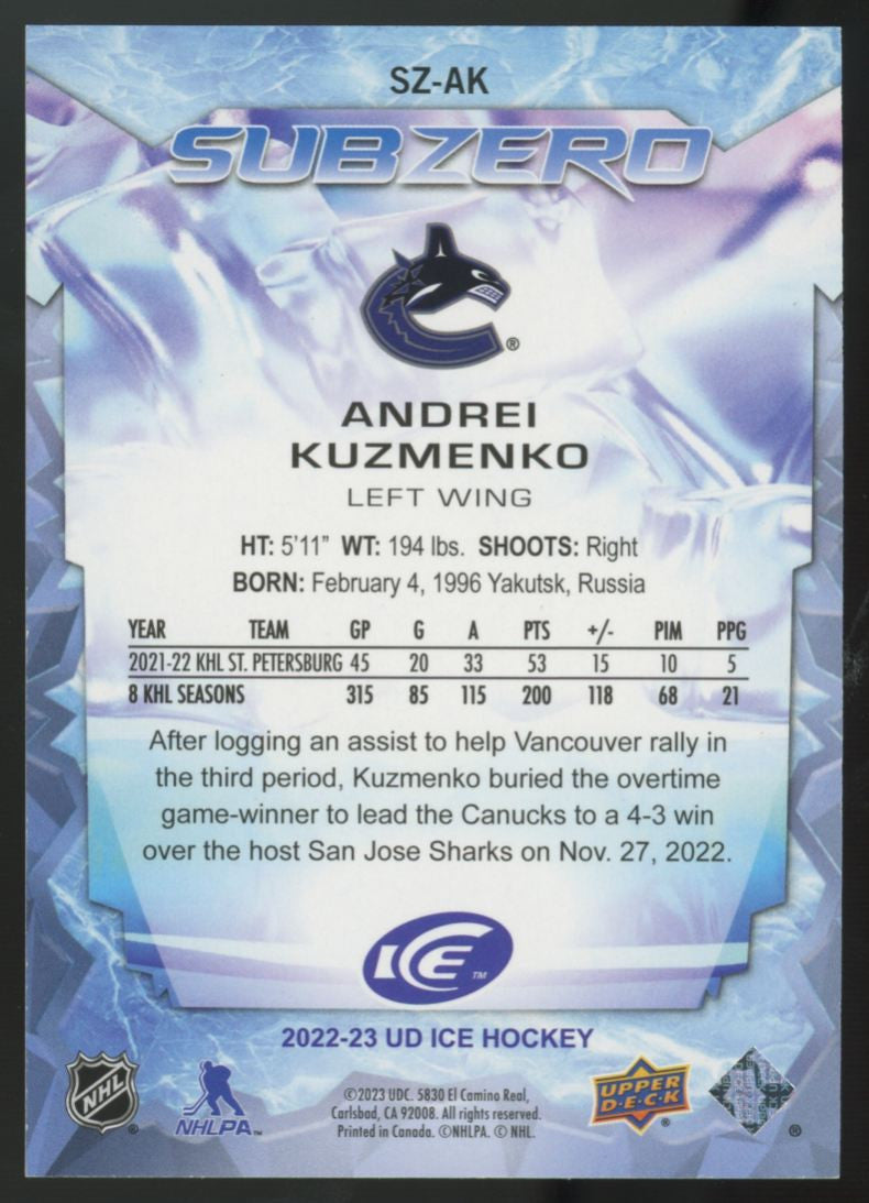 2022-23 Upper Deck Ice Andrei Kuzmenko Rookie Gold Sub Zero /24 #SZ-AK