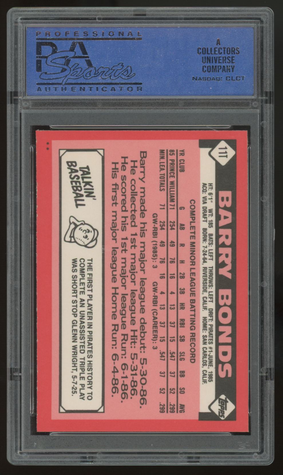 1986 Topps Traded Barry Bonds RC #11T PSA 9 *824