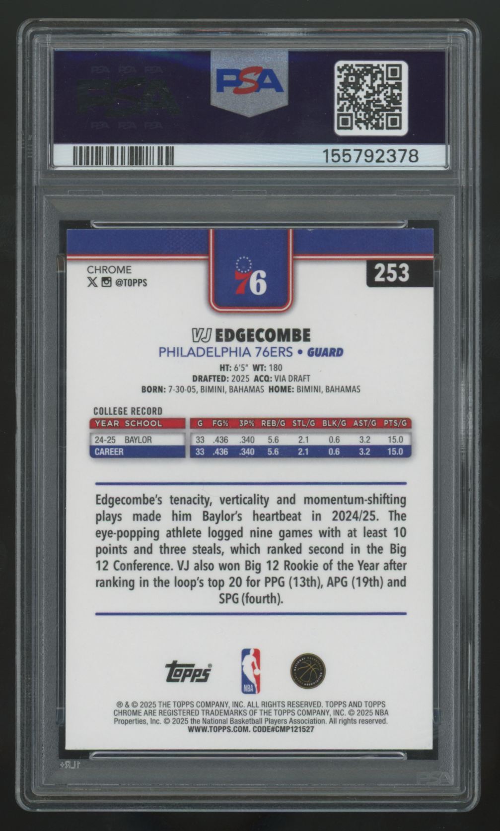 2025-26 Topps Chrome VJ Edgecombe RC X-Fractor #253 PSA 10