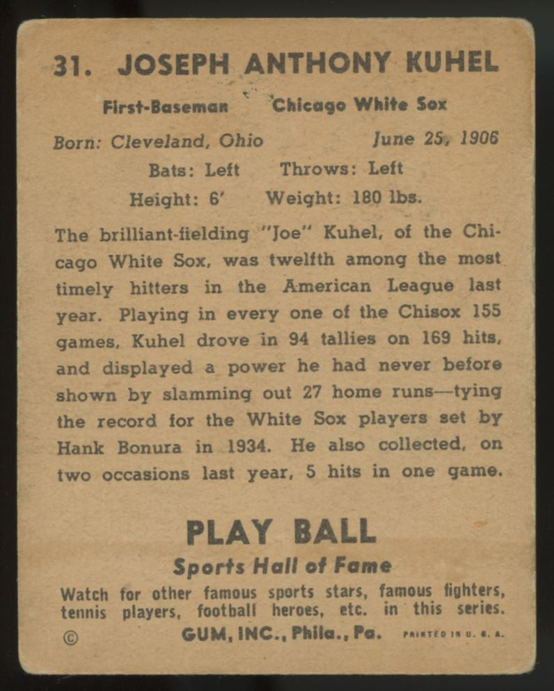 1941 Play Ball Joe Kuhel #31 VG-VG/EX