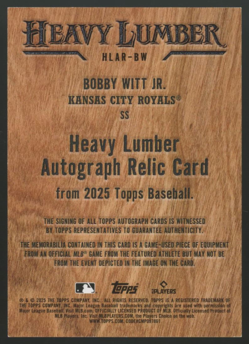 2025 Topps Bobby Witt Jr. Heavy Lumber Game-Used Bat Patch Auto #HLAR-BW