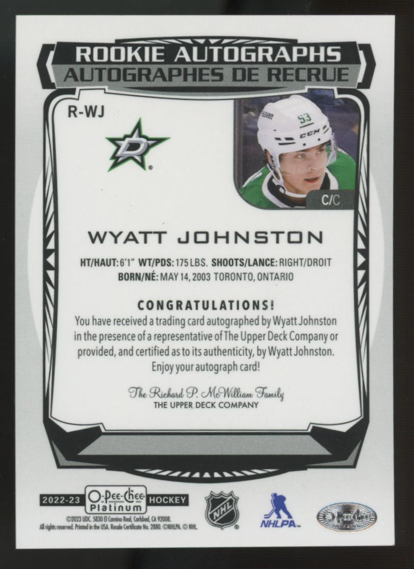 2022-23 O-Pee-Chee Platinum Wyatt Johnston RC Auto #R-WJ