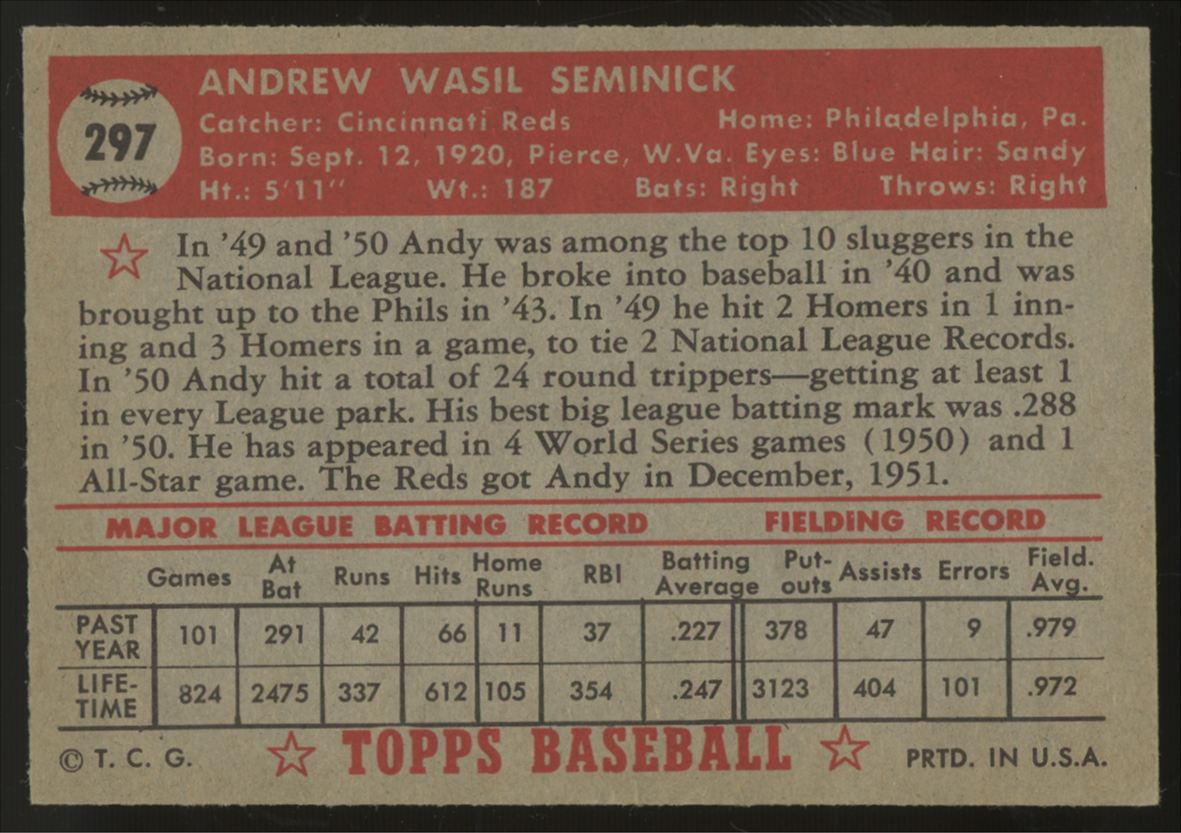 1952 Topps Andy Seminick #297 VG/EX