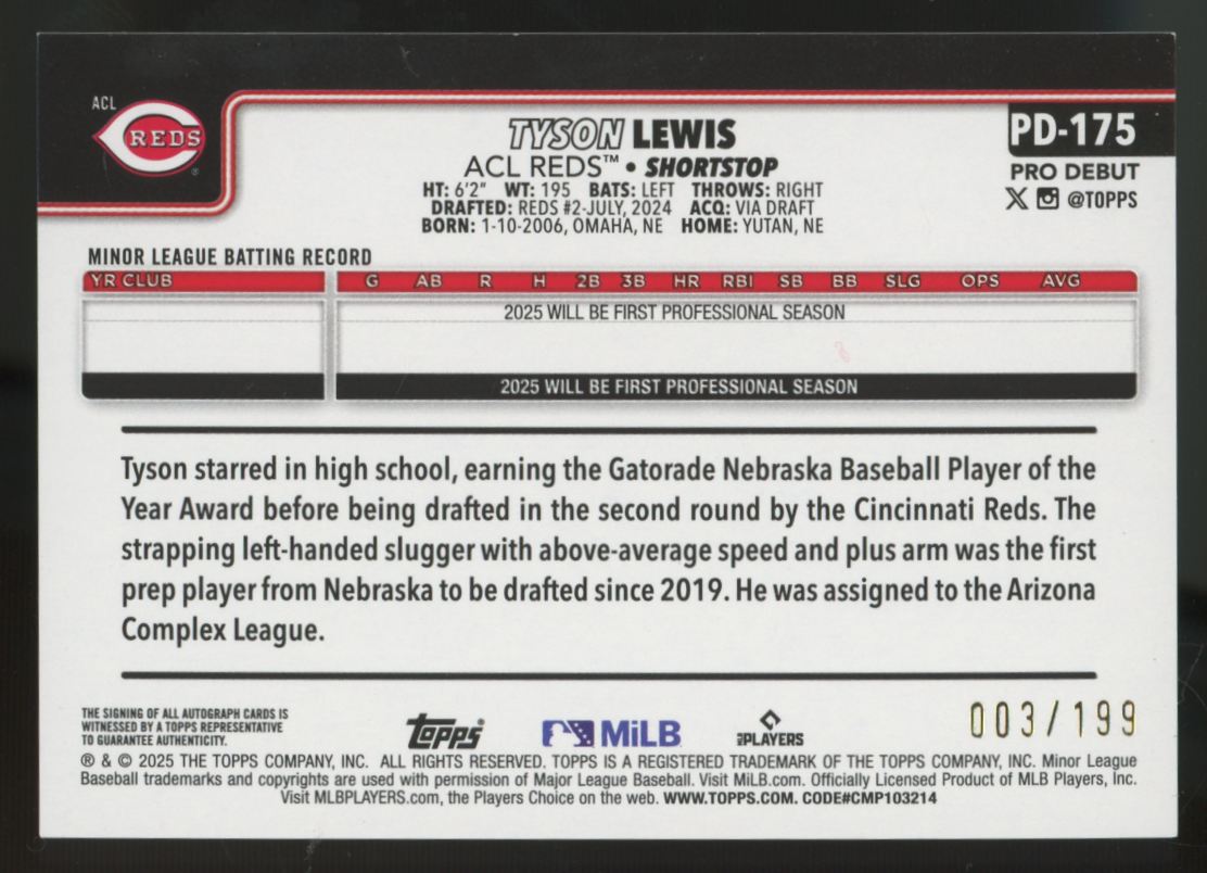 2025 Topps Pro Debut Tyson Lewis RC Fuschia Foil Auto /199 #PD-175