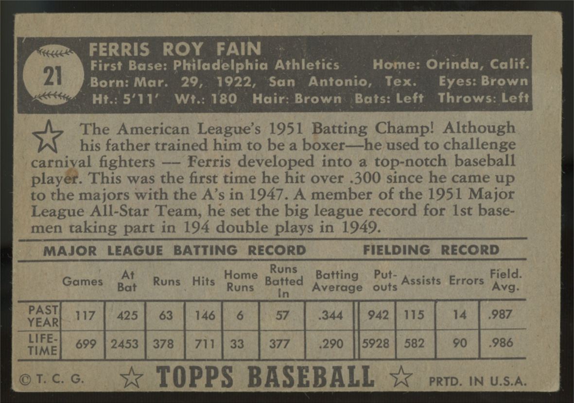 1952 Topps Ferris Fain #21 F/G