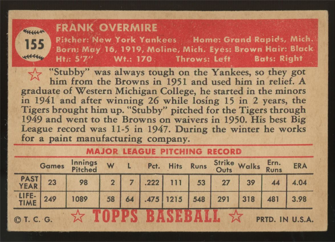 1952 Topps Frank Overmire #155 EX