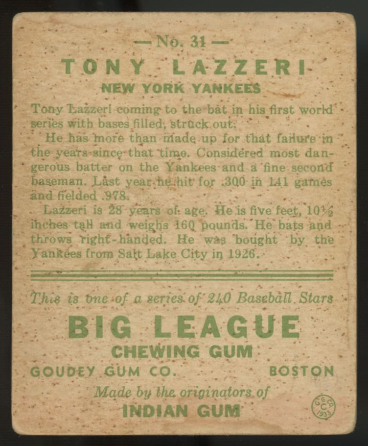 1933 Goudey Tony Lazzeri #31 Good "A"