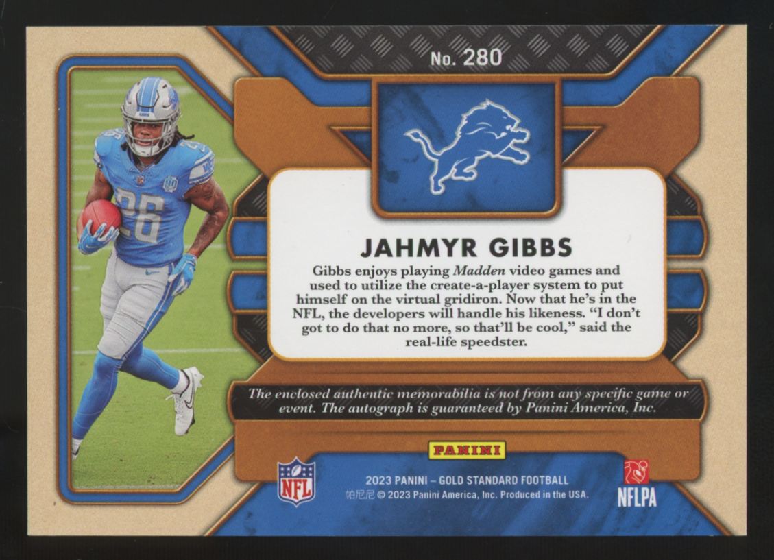 2023 Panini Gold Standard Jahmyr Gibbs RC Triple Patch Auto RPA /149 #280