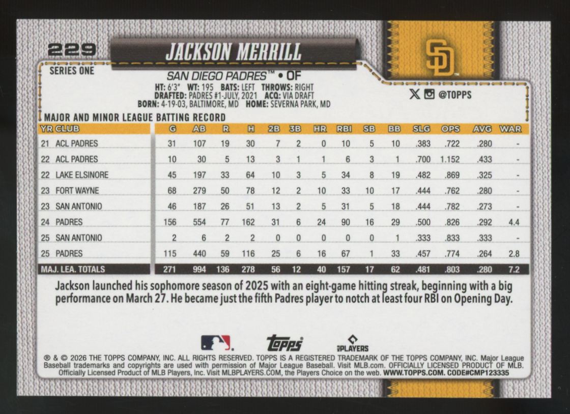 2026 Topps Series One Jackson Merrill Team Color #229