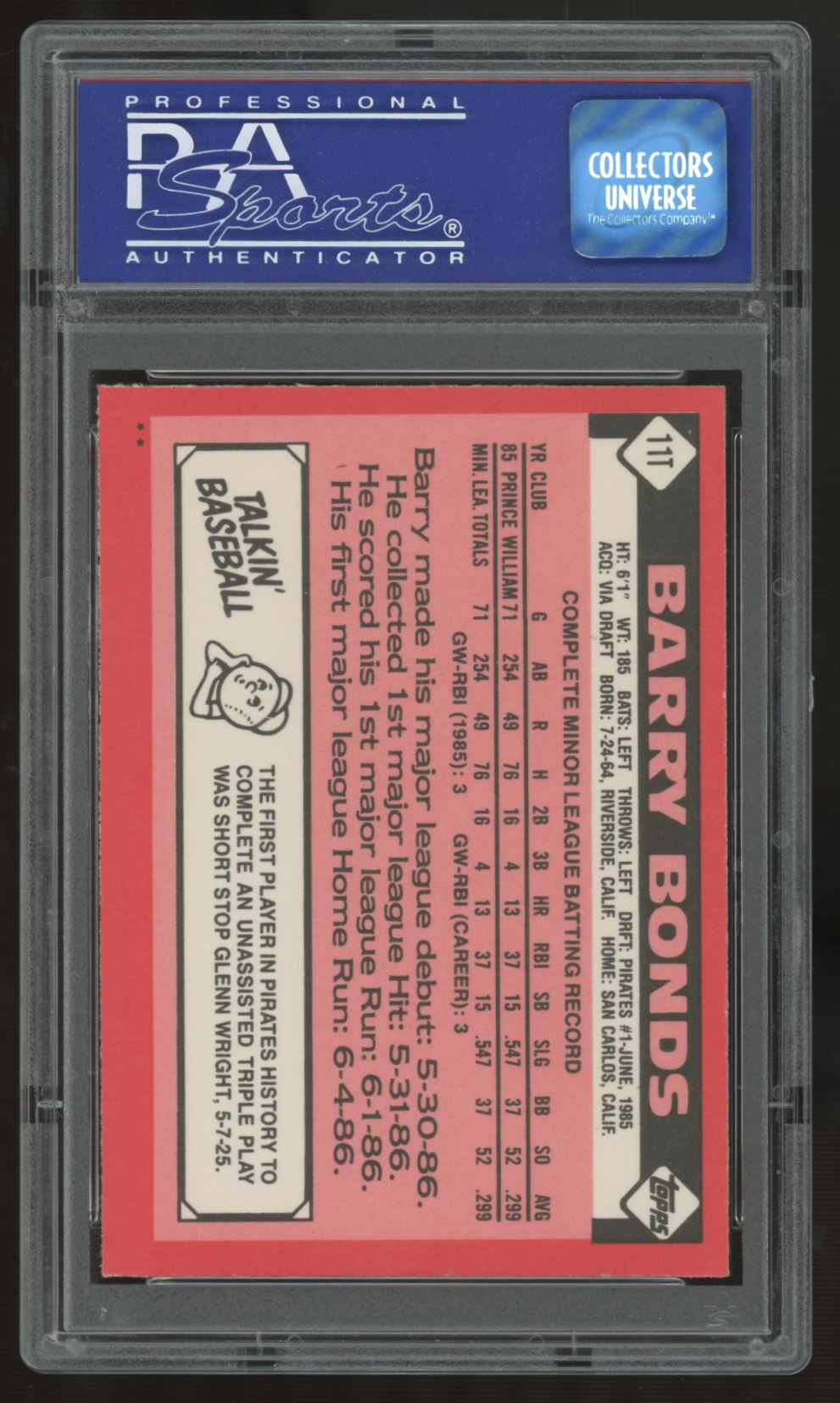 1986 Topps Traded Barry Bonds RC #11T PSA 8 *981