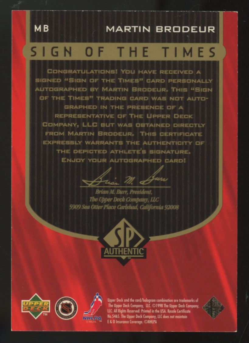 1997-98 Upper Deck SP Authentic Martin Brodeur Sign of the Times Auto #MB
