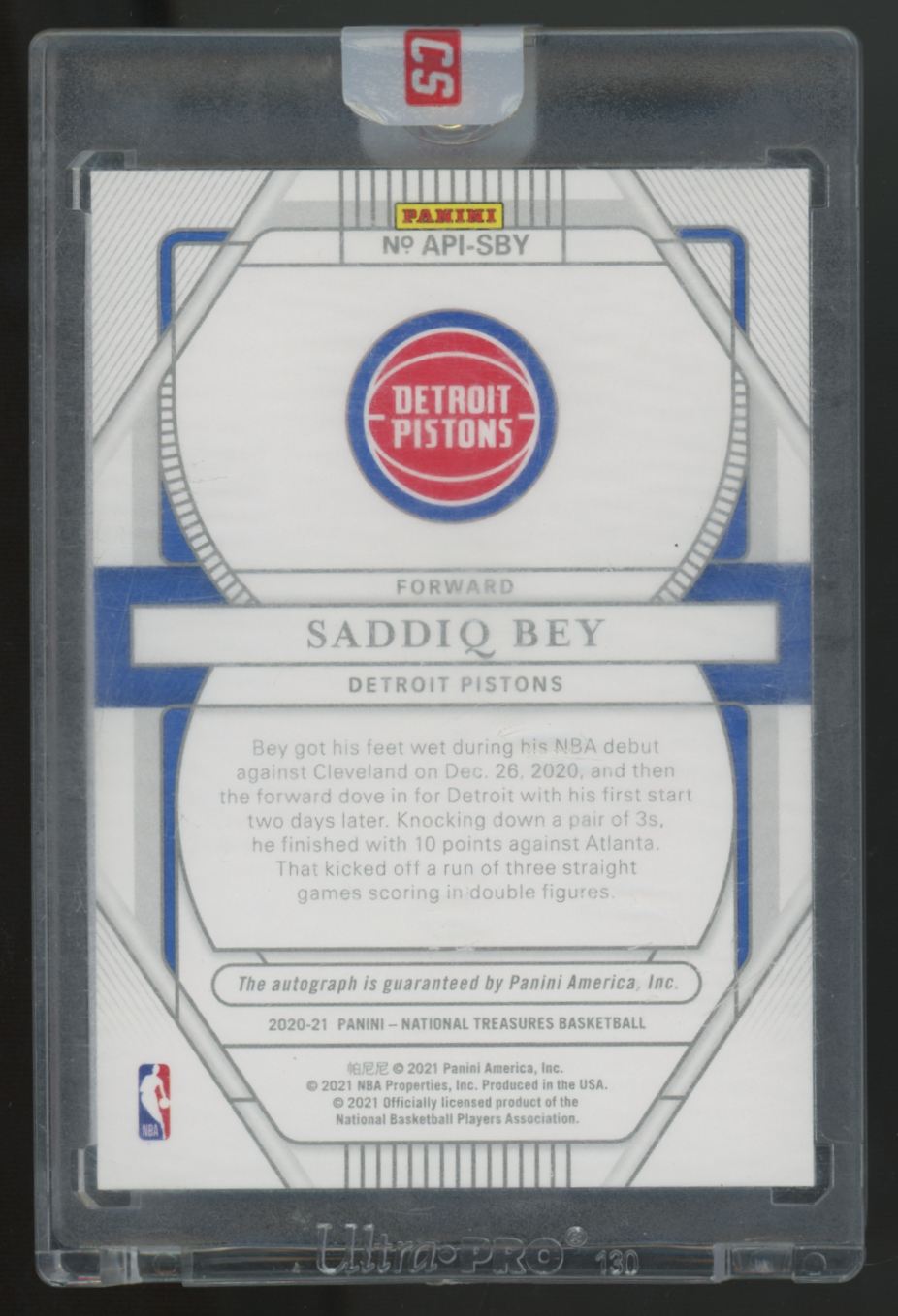 2020-21 National Treasures Saddiq Bey RC Apprentice Ink Auto /99 #API-SBY