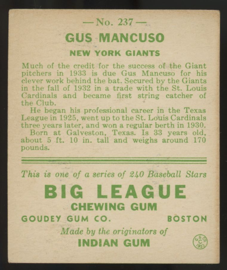 1933 Goudey Gus Mancuso #237 EX-EX/MT