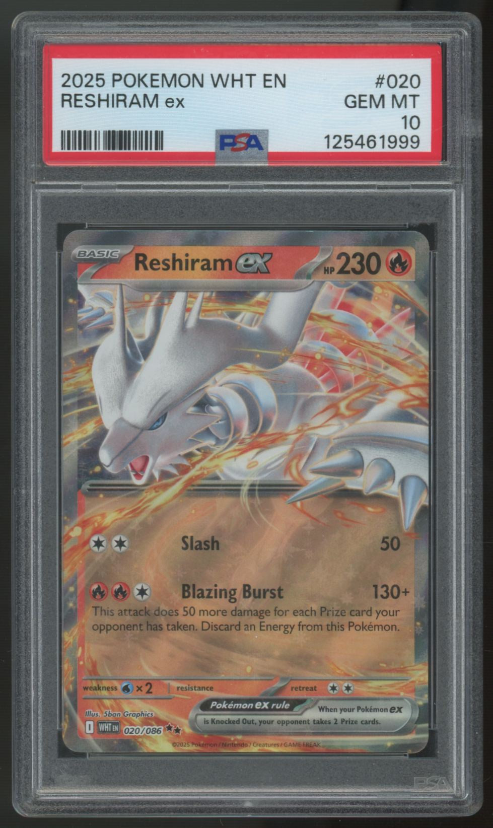 2025 Pokemon Reshiram ex White Flare Holo #020 PSA 10