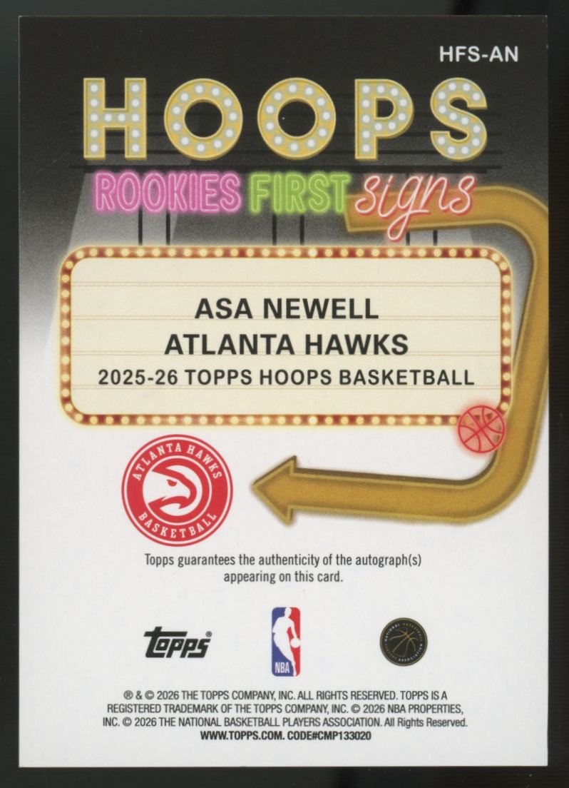 2025-26 Topps NBA Hoops Asa Newell RC First Signs Light Burst Orange Auto /25
