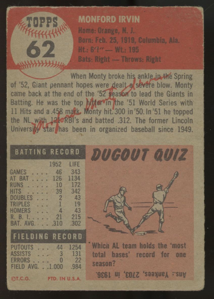 1953 Topps Monte Irvin #62 VG "A"